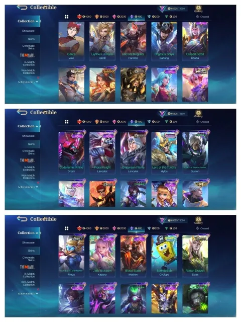 Best Collab skin💫KOF Chou⚡Karina💥Luckybox Uranus⚡Star Lesley💫Collector Natalie💥Magic Core 143, Продажа, Ранг: Мифический, Уровень: 78, Процент побед: 51%, Герои: 138, Облики: 282