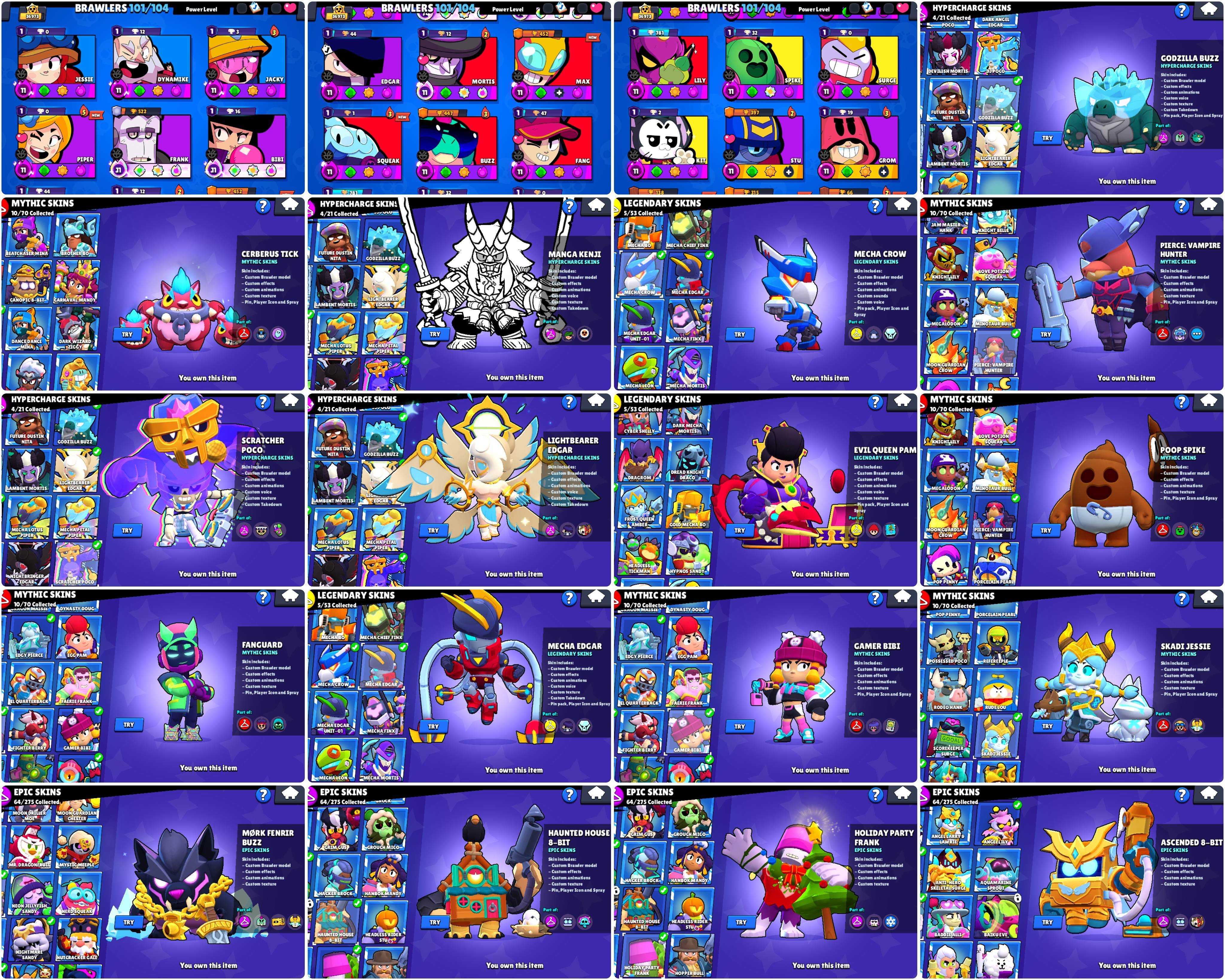 36k🏆18 MAX POWER💚HYPER EDGAR💖101 BRAWLERS💖MECHA CROW💖MANGA KENJI💖EVIL QUEEN PAM💚MECHA EDGAR, trophies 36900, brawlers 101, primes 14
