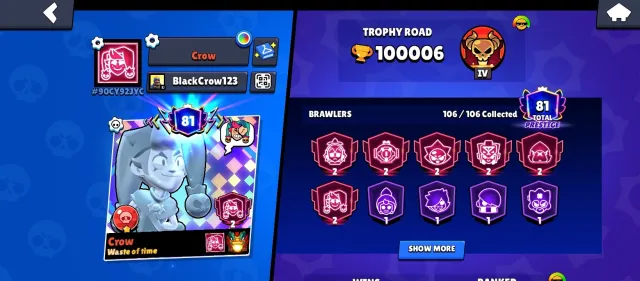 🏆100К🏆⚡2600+ ВИЛЛОУ⚡🌹ОГРОМНОЕ КОЛИЧЕСТВО СКИНОВ🌹❗❗ЧЕК ОПИСАНИЕ❗❗, 100006 кубков, 106 бравлеров, 81 праймов