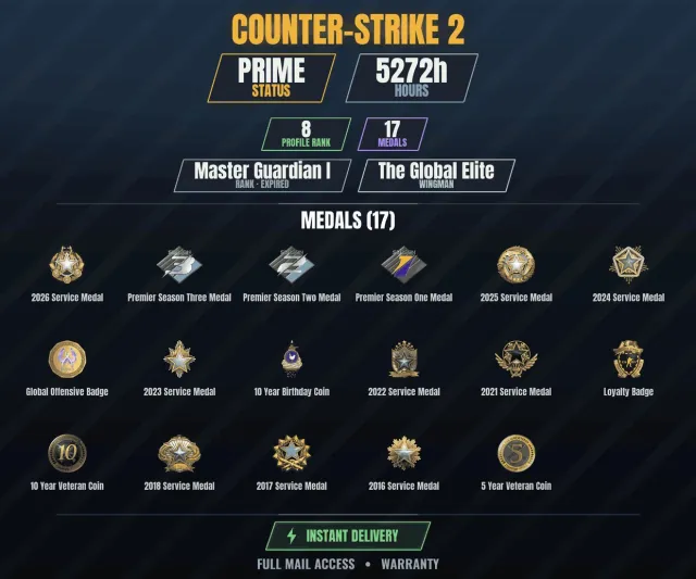 【CS2 Prime💠5200h💎17 medals】【RUST】 10 Year Anniversary Coin, 10 Year Veteran Coin, Service Medal, Sale, Inventory Empty, Has PRIME
