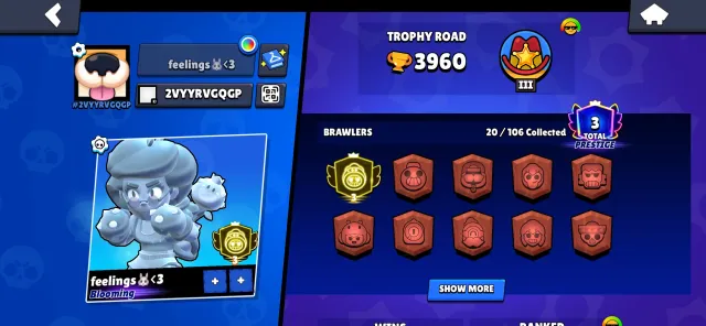 🌸 THIRD PRIME ON ROSE, TITLE FLOWER 🌸 67 SERIES OF VICTORIES, SILVER SKIN AND MANY RESOURCES 🌸, 3960 trophies, 20 brawlers, 3 primes