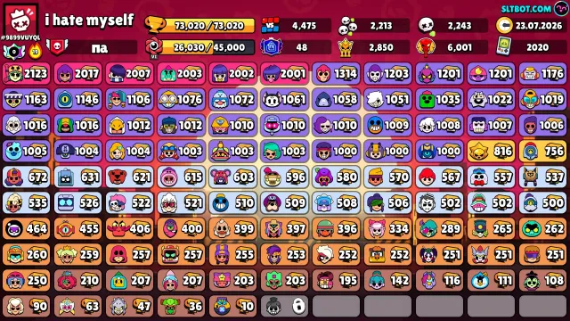 2020, 72k, 104 fighters, 50x-11 HP, old BP, last two BP + purchased +AK Clash Royale in profile, trophies 72500, brawlers 104, primes 48