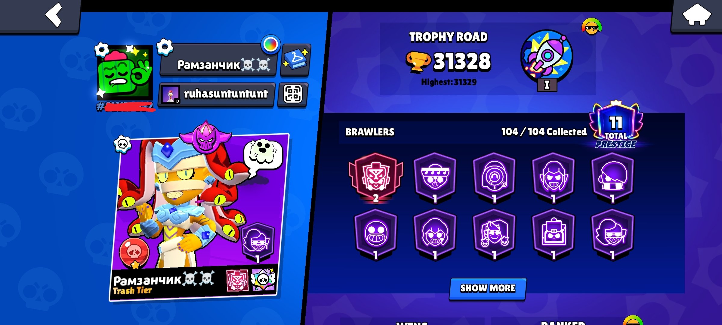 The account is 5 years old. All fighters and good skins are available., trophies 31328, brawlers 104, primes 11
