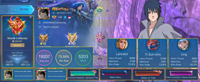LANCELOT DAWNING GOJO killua LING COLL SASUKE LAPU COLL ARLOT COLL. BANDANG COLL ETC TOP BORDER, Sale, Rank: Mythical Immortal, Level: 146, Winrate: 80%, Heroes: 133, Skins: 643