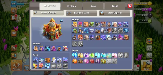 TH16 near max | 216 xp | Hero~77/90/51/63/31/1 |, 16 TH Родной Деревни