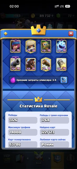 CR-14000 BS-39000 COC-15th, 32 arena, 1825 level, 14000 trophies, 122 cards, 22 legendaries, No