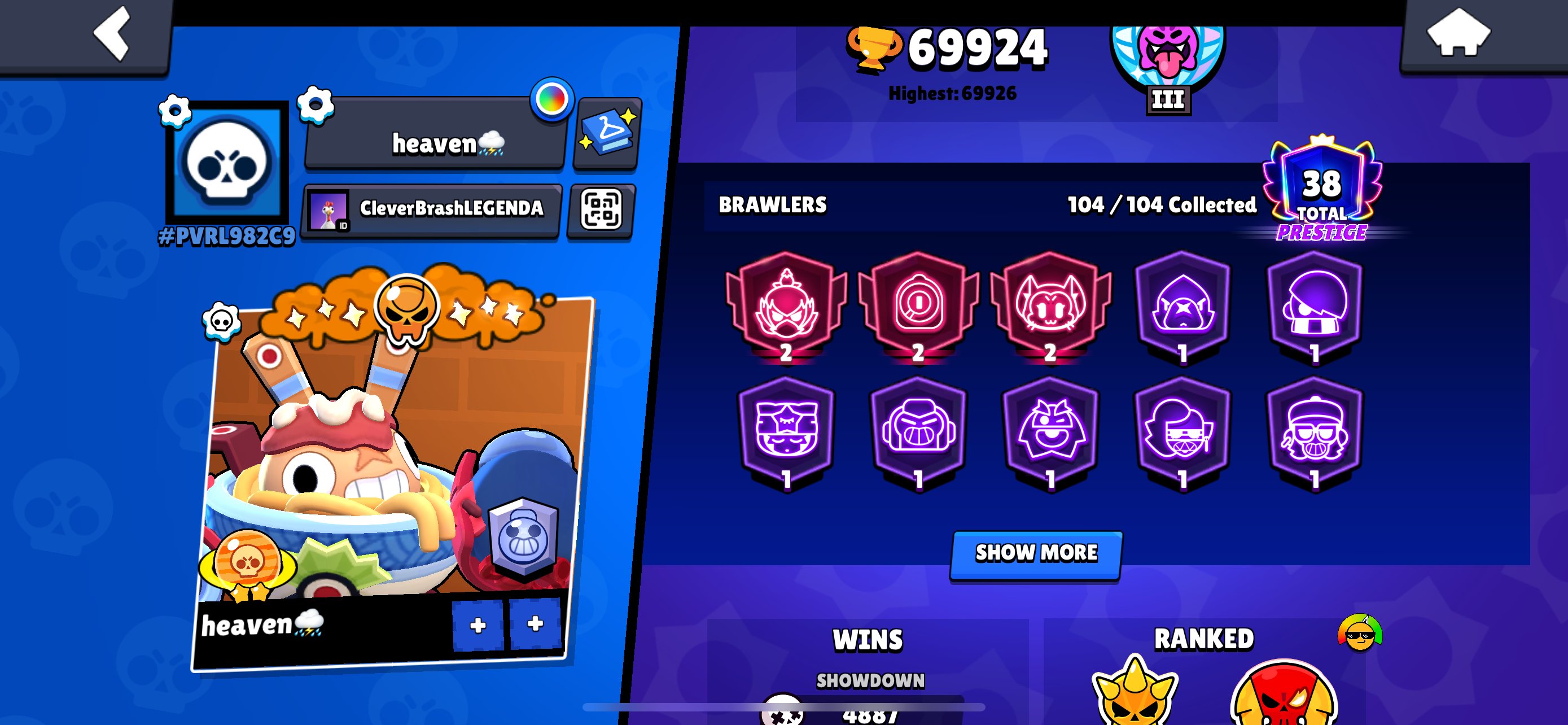 Personal Brawl Stars account for sale ✨✨✨✨ 104 Brawlers ✨✨✨✨✨ 69k trophies and 38, trophies 69294, brawlers 104, primes 38