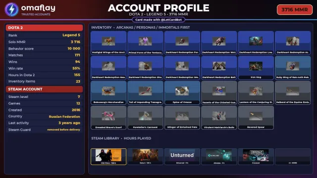 ⚡ DOTA 2 ⚡ LEGEND 5 · 3716 MMR (RANKING) • 10000 BEHAVIOR • FULL ACCESS #362YJZ, Sale, 3716 MMR, 10000 behavior, 10000 politeness, 171 matches