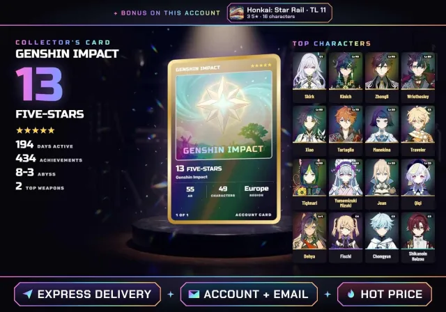 🌸 ALL DEVICES • EUROPE ✧ 13 FIVE-STAR • AR 55 ✧ Skirk C1, Kinich, Zhong, Rizli, Xiao, Tartaglia, Any platform, Email linked, Any, Levelled up, AR 55
