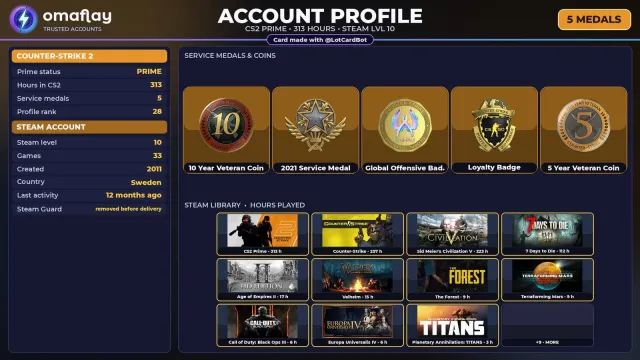 ⚡ 【CS2 PRIME】 💎 +5 RARE MEDALS: 10 YEARS · SERVICE 2021 💎 2011 | +19 GAMES | FULL ACCESS #4EG8MH, Sale, Inventory empty, PRIME