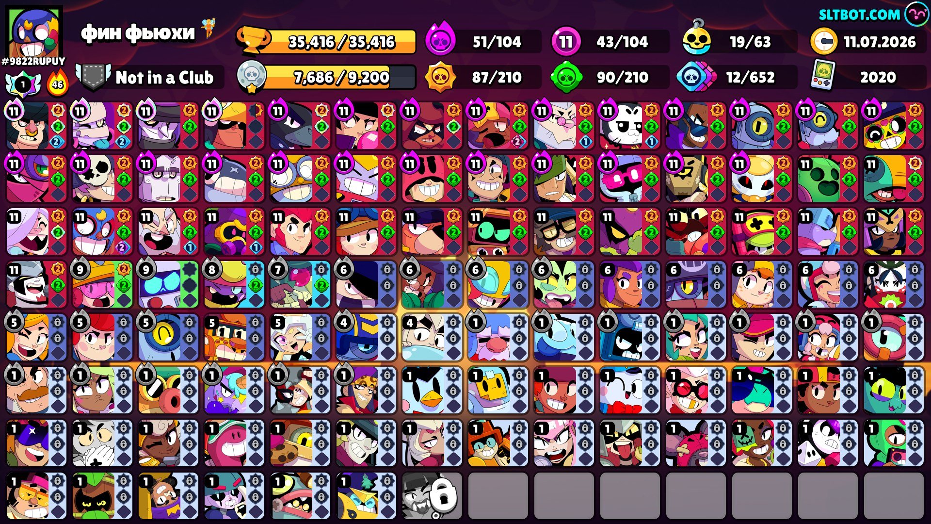 Prestige: 1🏆 35416 🏆ALL BRAWLERS 104/104, trophies 35416, brawlers 104, primes 21