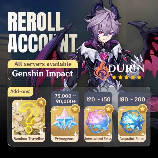 Durin + 1-2 Random 5★ + 48K-52K Primogems/109 Acquaint /60 Intertwined, Any platform, Email not linked, Any, Levelled up, AR 55, Standard 109, Primogems 55