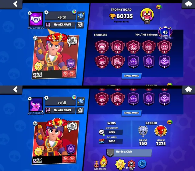 🏆𝟴𝟭𝐊🏆【🎫𝟳 BRAWL PASS+🎫】👤1O4/1O5👤𝟯𝟵𝟬 СКИНОВ~41k💎❰𝟰𝟲 11-x C HYPER🔹СОЛНЕЧНАЯ СЛАВА❱📹ВИДЕООБЗОР📹, 81000 кубков, 104 бравлеров, 45 праймов