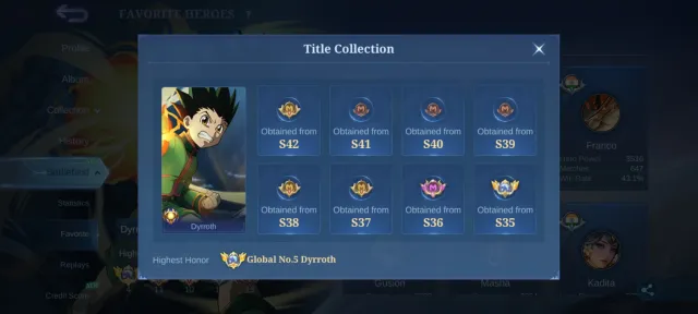 🔥 Global 5 Dairoth🌎🔥 Dairoth Rush 🔥 Ducati Airitel 🔥 Minato Gusion 🔥 Prime Claude 🔥, Sale, Rank: Mythical Immortal, Level: 138, Win Rate: 49%, Heroes: 133, Skins: 315