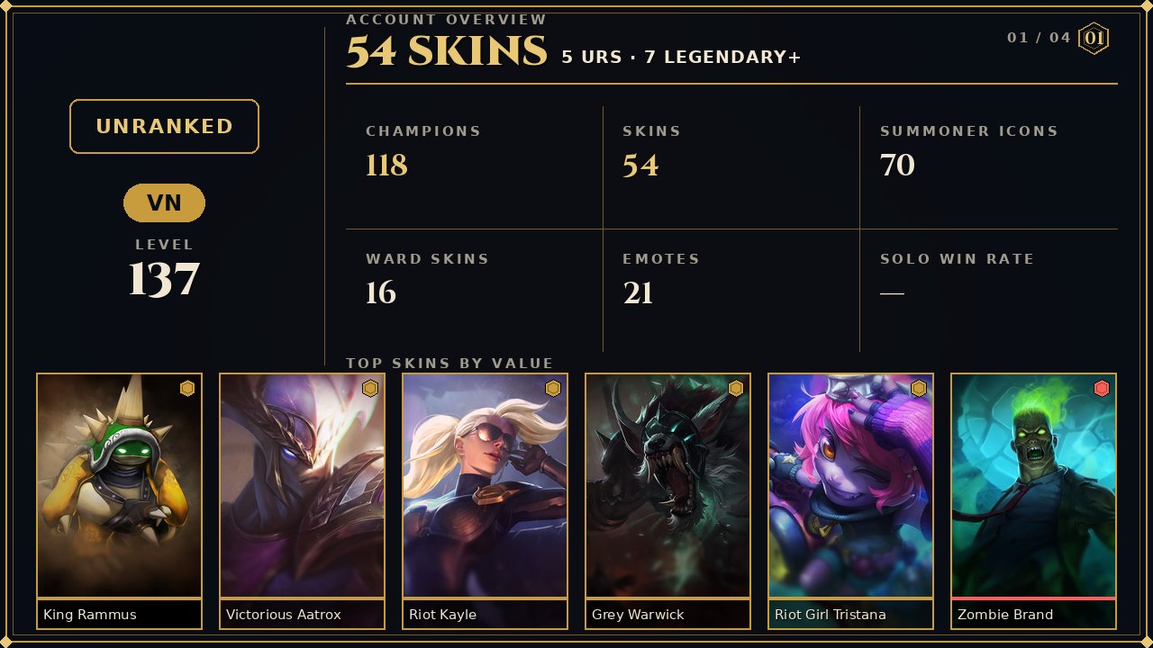 🌸54 skins + 118 champions🎀172 BE🎀King Rammus🎀Victorious Aatrox🎀Riot Kayle🎀Grey Warwick, Sale, champions 118, skins 54, Unranked