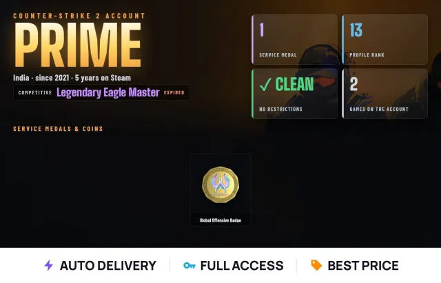 🔫 CS2 Prime 🔫 1 medal 🔫 CS2 level 13 🔫 2 games 🔫 Global Offensive Badge, Sale, Inventory empty, Has PRIME