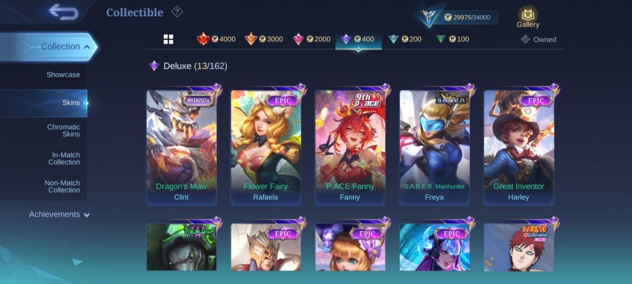 collector Natalia EPIC Selena Harley Carmila khufra Gaara Vale emblem Max, Sale, Rank: Mythic, Level: 75, Winrate: 49%, Heroes: 120, Skins: 164