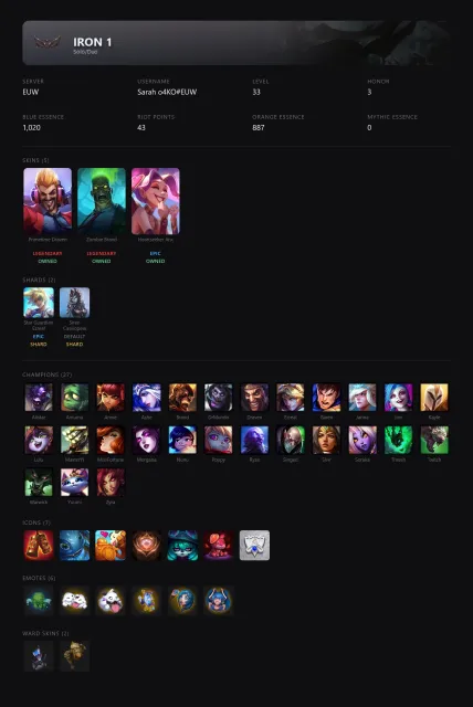 🟡┃🔥 PRIMETIME DRAVEN / ZOMBIE BRAND / HEARTSEEKER JINX / GUARDIAN EZREAL┃🕗 АВТОВЫДАЧА┃🤍┃✅ ПОЧТА┃, Продажа, уровень 33, чемпионы 27, скины 5, Железо