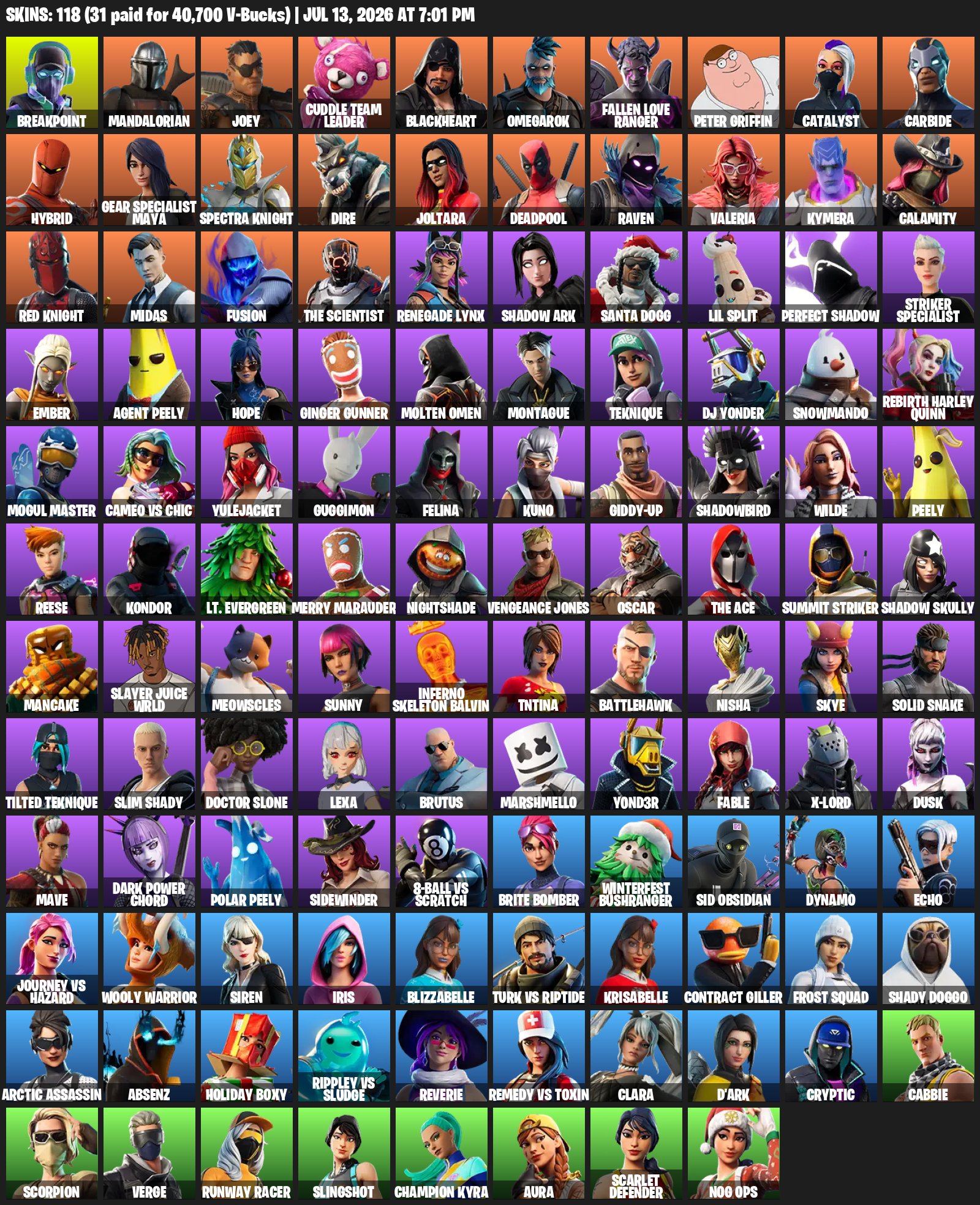 Auto Delivery ✅ Reaper ✅ Midas, Red Knight, Breakpoint ✅ 118 Skin + 133 Pickaxes ✅ 1639 LVL, Sale, skins 118