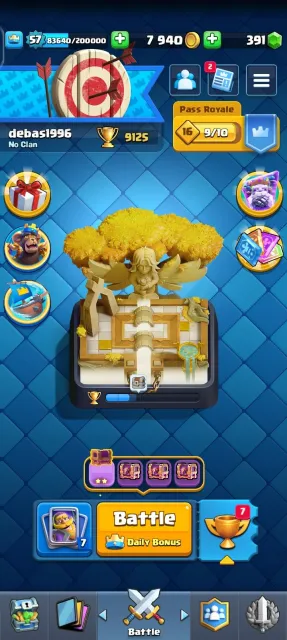 👑 KT 15 •⚜️LV 57 • 🧬6 Evolution/9 Lv15/100 Lv14🏆 9125 Trophies • 🃏 119/121Cards• 💎 393 Gems • ⚡, 24 арена, 57 уровень, 9125 кубков, 119 карт, Есть