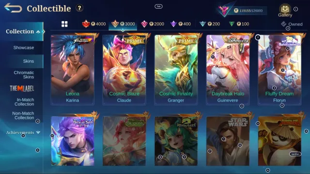 #MG267 Legend Johnson; Nexus Si Nolan; Contenders Guinevere; Sanrio Florin; Prime Claude, Granger, Sale, Rank: Epic, Level: 66, Win Rate: 50%, Heroes: 133, Skins: 413