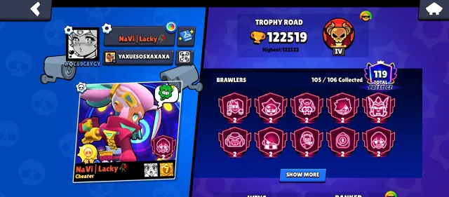 🏆𝟭𝟮𝟬𝐊🏆【MECHA LEON, THOR BIBI】👤1O5/1O6👤𝟯𝟳𝟱 СКИНОВ~38k💎❰🔹𝟱𝟬 11-x C HYPER🔹❱📹ВИДЕООБЗОР📹, 120000 кубков, 105 бравлеров, 119 праймов