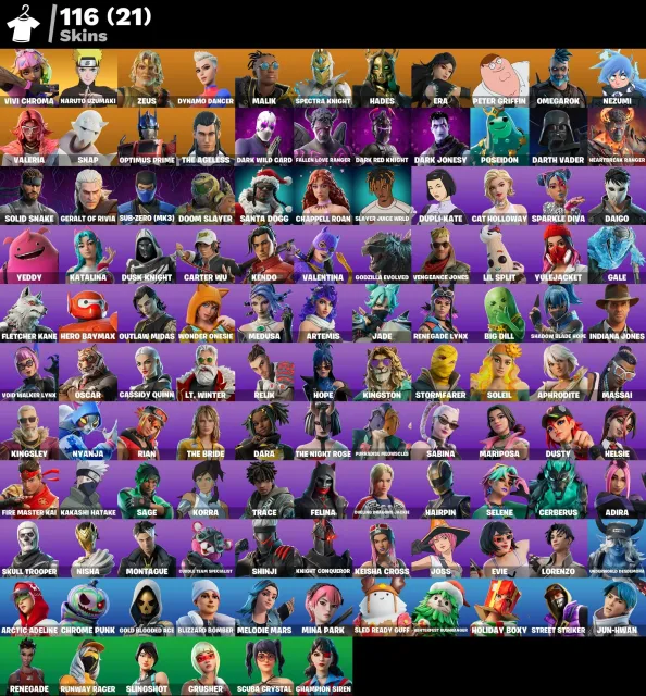 👕 116 skór 🎮 2530 Poziom 💰 150 V-bucks 💰 Vivi Chroma | Naruto Uzumaki | Zeus | Dynamo Dancer |, Sprzedaż, skór 116