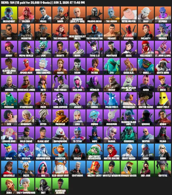 🌺 Autodelivery 🌺 💎 104 skins | 🗡️ 128 pickaxes | 💃 98 emotes | 📈 lvl 2040, Sale, skins 104