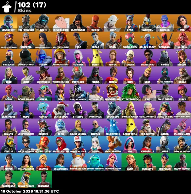 🔥 【FORTNITE】 💚 Midas, Take The L, Take The Elf, Breakpoint, The Prisoner 💚 102 skins | 1236 lvl, Vente, skins 102