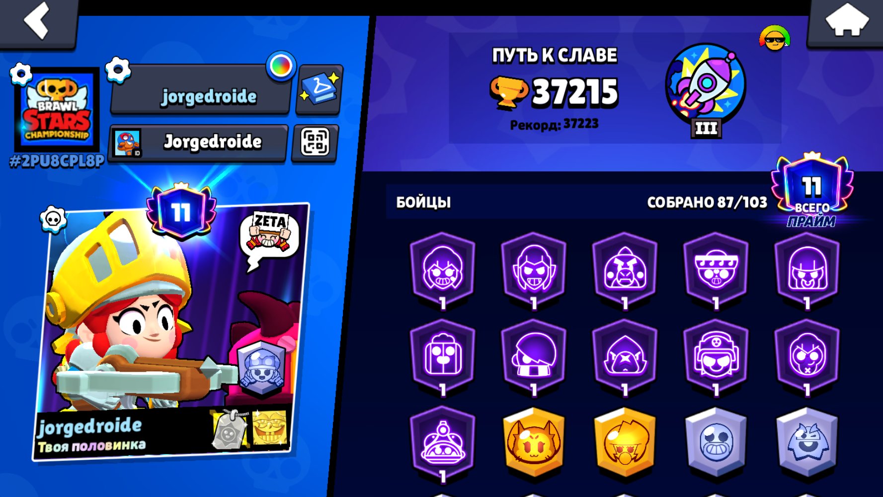 🏆 37000 CUP ⚔️ 87 Brawler 🧞 190 Skin 🧛♀️ 8 HyperSkin 🔮 17 HyperBrawler 🔥 8 Leg + Kaze and Sirius, trophies 37215, brawlers 87, primes 11