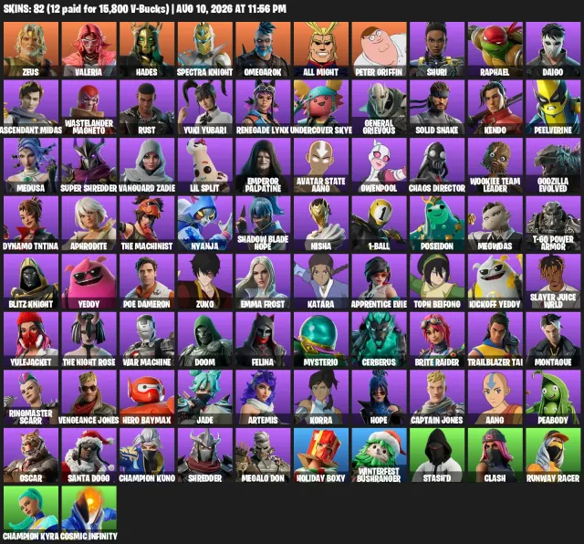 ⚡ 82 Skins • 129 Tools • 93 Emotes • Lv. 1,800 • iOS | Zeus, Aang, Solid Snake, Sale, skins 82