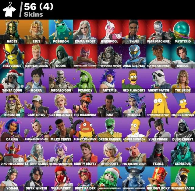 👕 56 скинов 🎮 1879 Уровень 💰 950 V-bucks 💰 Hades | Zeus | Poseidon | Emma Frost | Gwenpool | Shuri, Продажа, скины 56