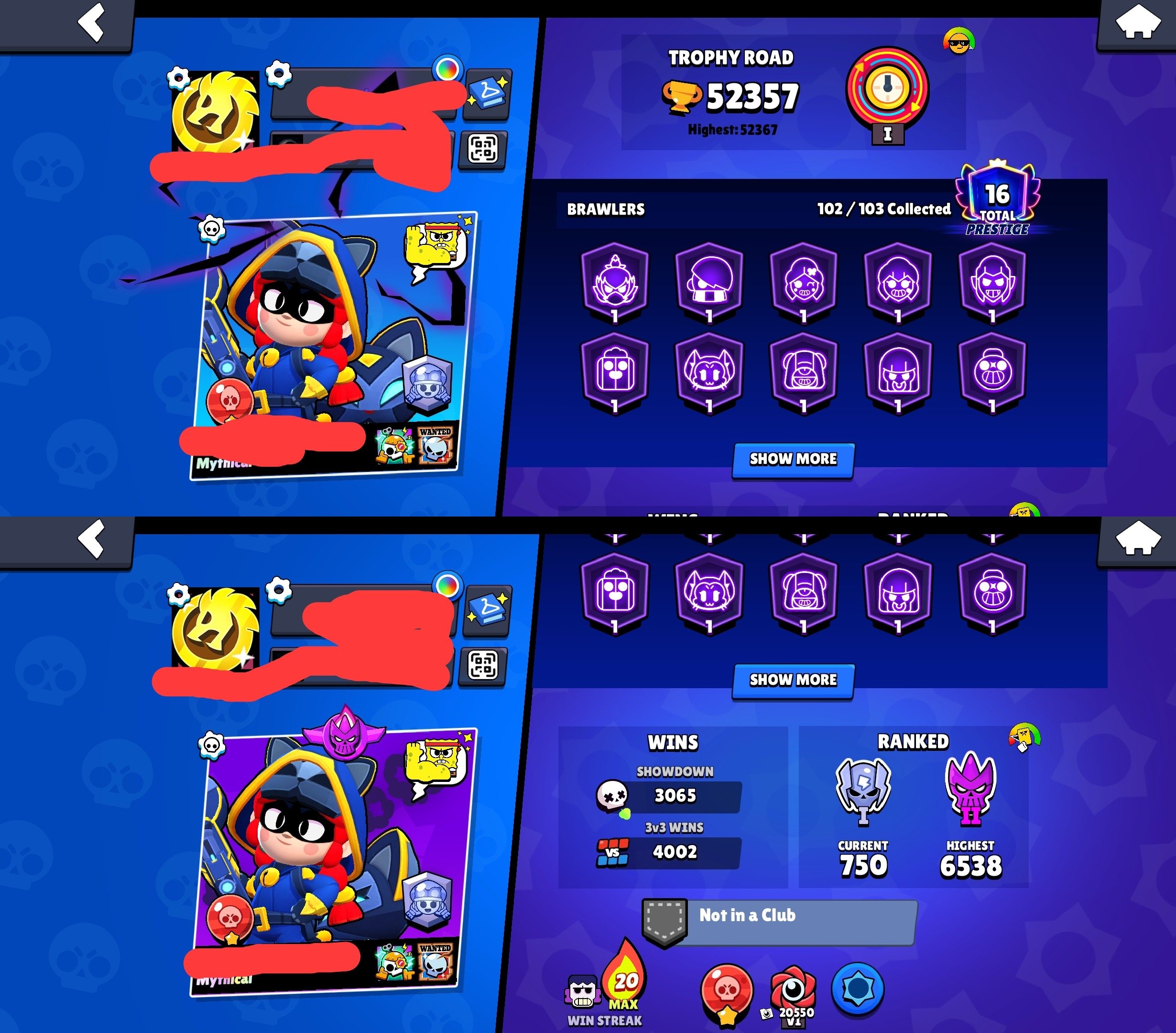 🏆𝟱𝟮𝐊🏆【🎫𝟲 BRAWL PASS+🎫】👤1О2/1О3👤𝟯𝟬𝟱 SKINS~31k💎❰𝟰𝟯 11-x POWER❱📹VIDEO📹, trophies 52000, brawlers 102, primes 16