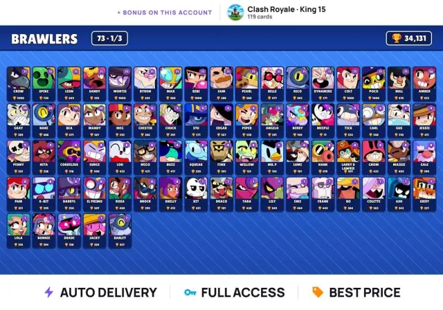 (Android/iOS) ⭐ 34K trophies ⭐ 73 brawlers ⭐ 179 skins ⭐ 16 maxed ⭐ Godzilla Buzz + Monarch Rico, 34131 trophies, 73 brawlers