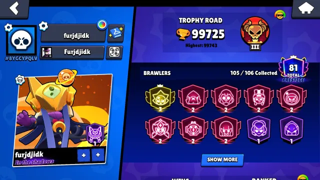 🔥 99 725🏆 | 105/106 BRAWLERS | 81 PRIME | 1237 GEMS | 10K TRIO🔥| 11 LEG + 21 MYTHIC + 6 HC 🔥, 99725 trophies, 105 brawlers, 81 primes