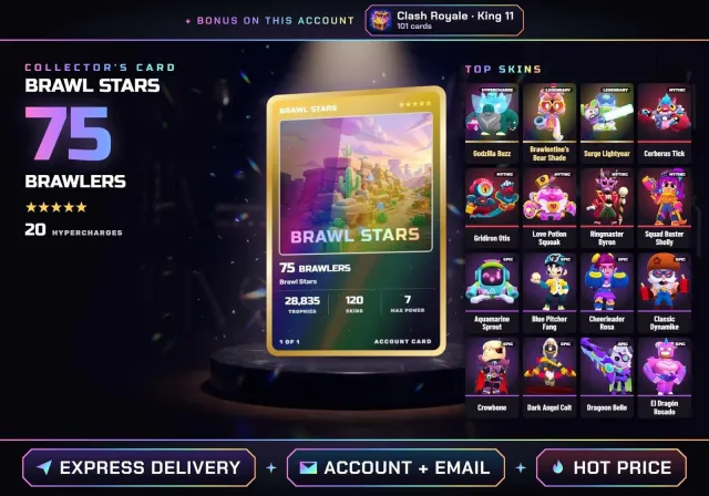 👑 ANDROID • IOS ◆ 75 BRAWLERS • 28,835 TROPHIES • 120 SKINS • 7 MAX. ◆ Godzilla Buzz, 28835 trophies, 75 brawlers