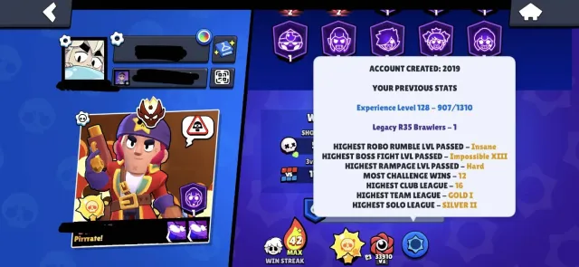 RANK 35 PIN, MASTER, 2 PRESTIGE 2, 2019, RARE PINS AND SKINS, 70000 кубков, 105 бравлеров