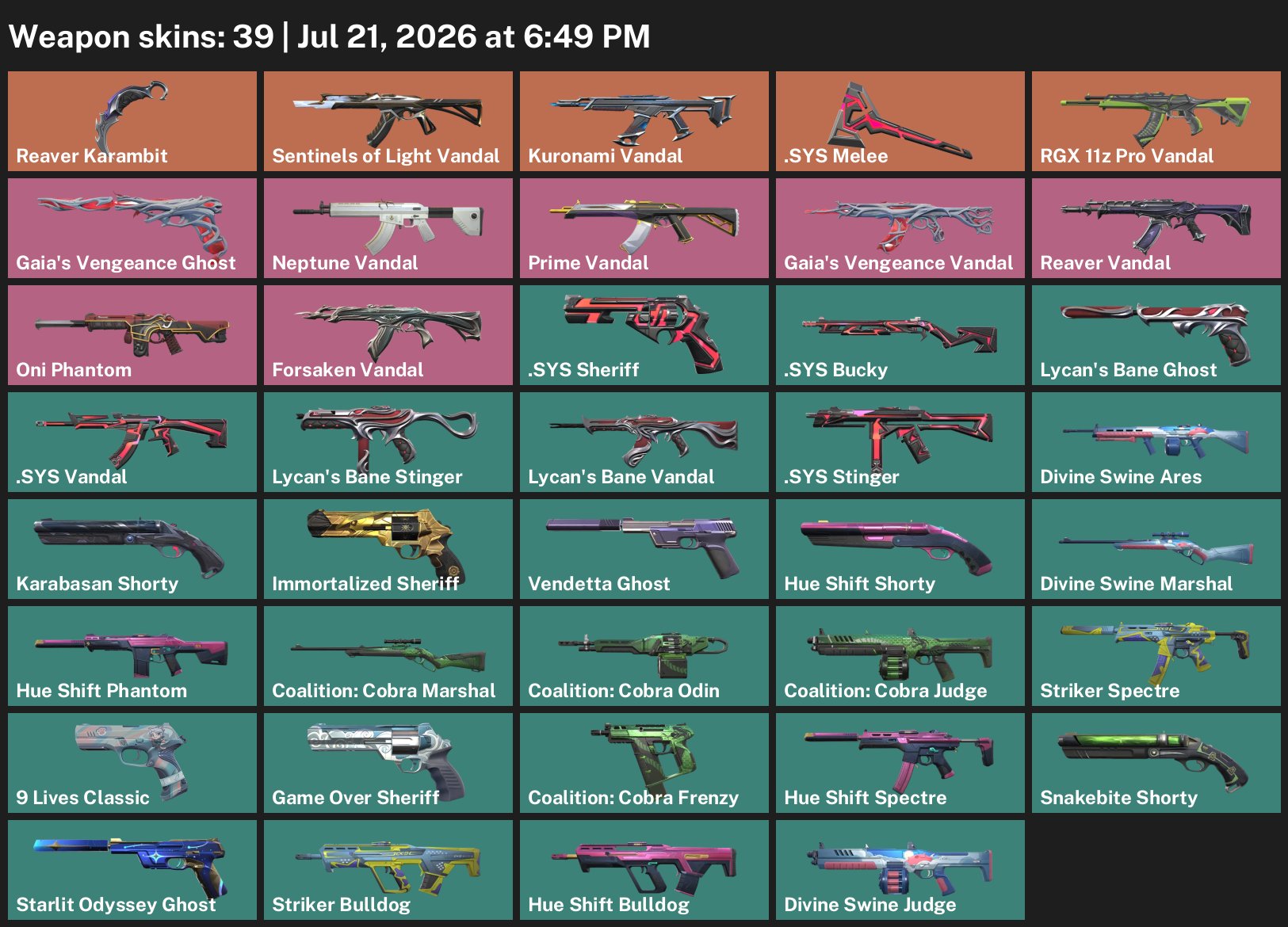 39 Skins | Inventory value: ~ 23,500 VP, Sale, Bronze 3, Agents: 22, Skins: 39
