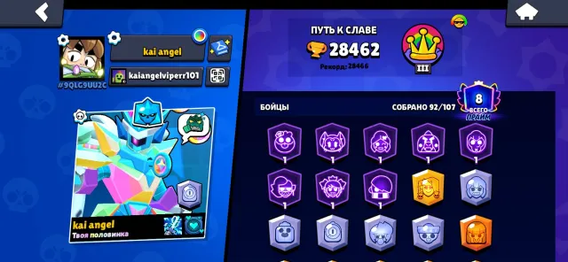 Fat account 22 years old, 28462 trophies, 92 brawlers, 8 primes