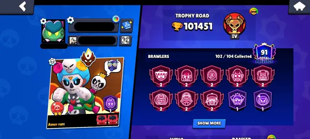💙Master 2025💙Rank 35💙Calavera Rosa💙Captain Carl💙33 Brawlers at Power Level 11💙3+ Brawl Passes💙, trophies 101000, brawlers 102, primes 91