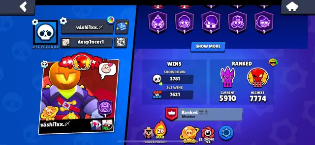 🔥68K ⭐️ 105/106 👅 3 LEAGUE 🏆 SPRAY 30 RANK 🩸43 11 POWER 👑 44 BUFFY 🚀, 68250 trophies, 105 brawlers, 48 primes