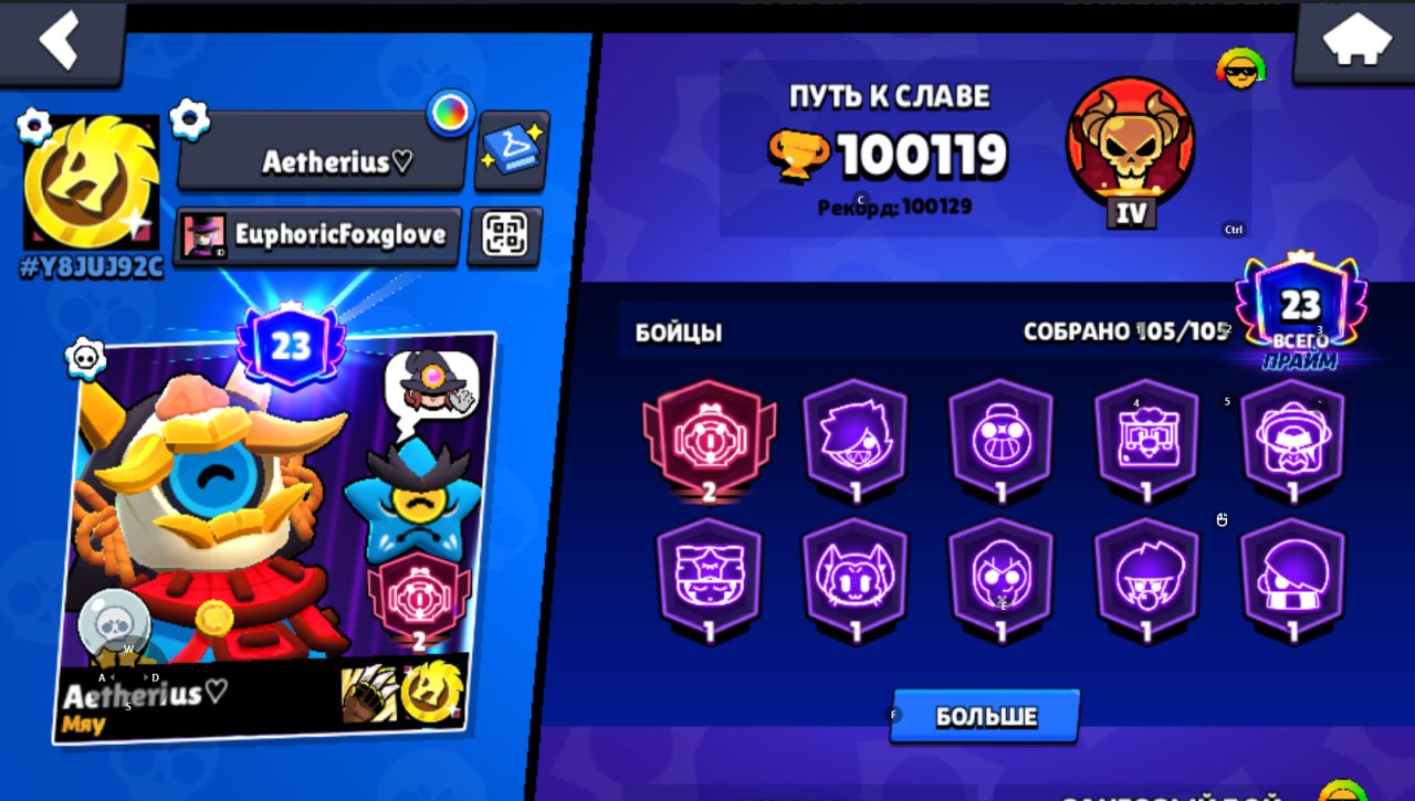 100k cubes, all fighters, email delivery, 20/11 stats, negative balance - chat muted., trophies 100119, brawlers 105, primes 23