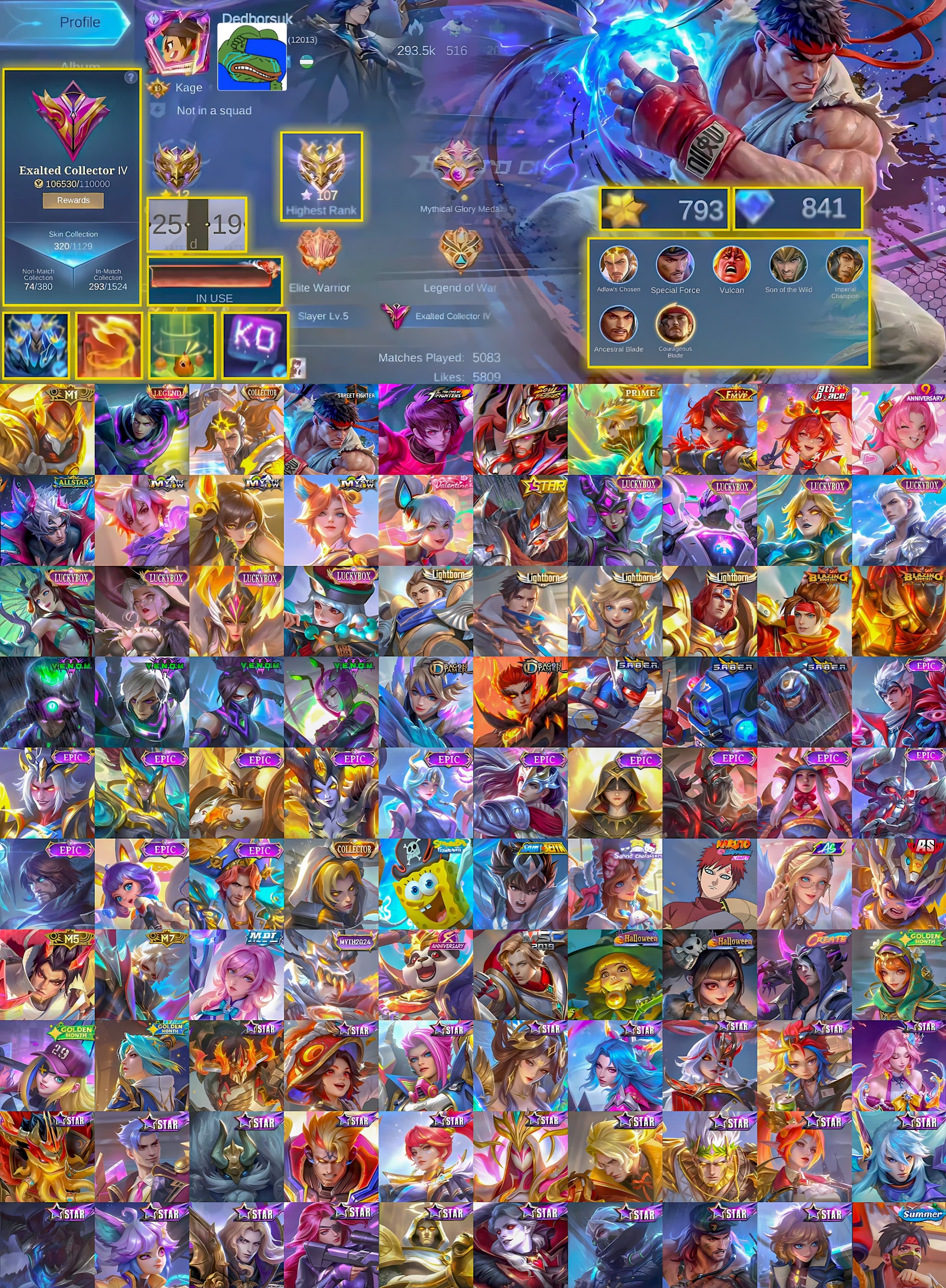 Aldous M1 👑 Alucard Legend 🎭 Lapu-Lapu Collector 🥊 Paquito Street Fighter 🌙 Clint Soul Vessel 💎, Sale, Rank: Mythical Immortal, Level: 66, Winrate: 55%, Heroes: 120, Skins: 320