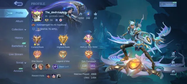 Star hayabusa💥Natalia💥gara vale💥epic zilong lancelot roger💥valentine fanny💥emblem max, Продажа, Ранг: Мифический, Уровень: 56, Процент побед: 51%, Герои: 118, Облики: 183