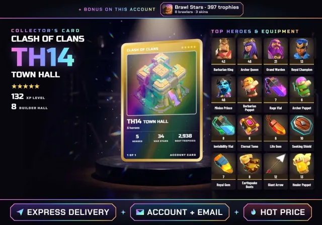 👑 ANDROID • IOS ✧ COC TH14 • 34 STARS OF WAR ✧ BK 43, AQ 46, GW 21, RC 13, MP 46 ✧ + BS 397 CUPS, 14 TH Home Village