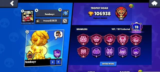 !! Rebinding., 106938 trophies, 107 brawlers, 78 primes