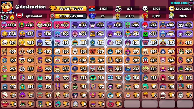 King Frank 👑 Legendary League 🏮 Personal account 👌 Overall account upgrade percentage: 43%, 50000 trophies, 106 brawlers, 26 primes