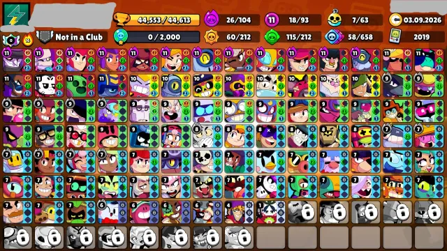 🤍44k🤍93/106🤍18 11 POWER🤍26 HYPER🤍178 SKINS🤍7 TITLES🤍7 BUFFS🤍, 44000 trophies, 93 brawlers
