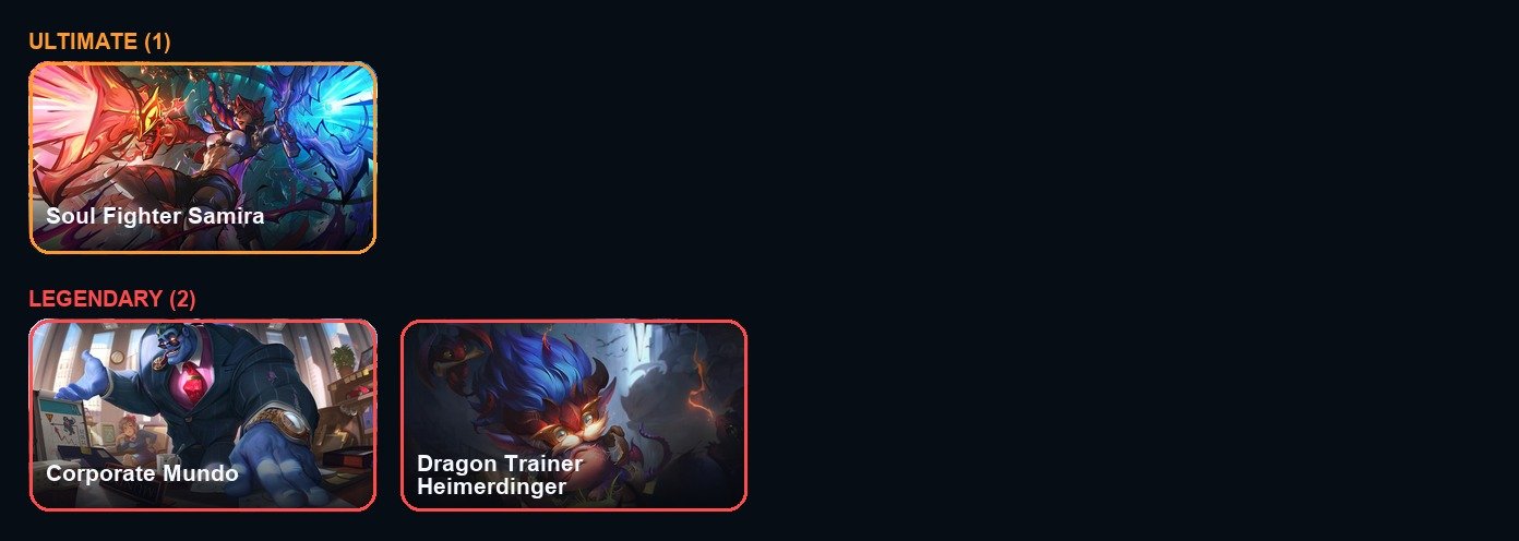 【 Soul Fighter Samira 】 【 Corporate Mundo / Dragon Trainer Heimerdinger 】 【 Platinum 】, Sale, level 54, champions 88, skins 24, Platinum