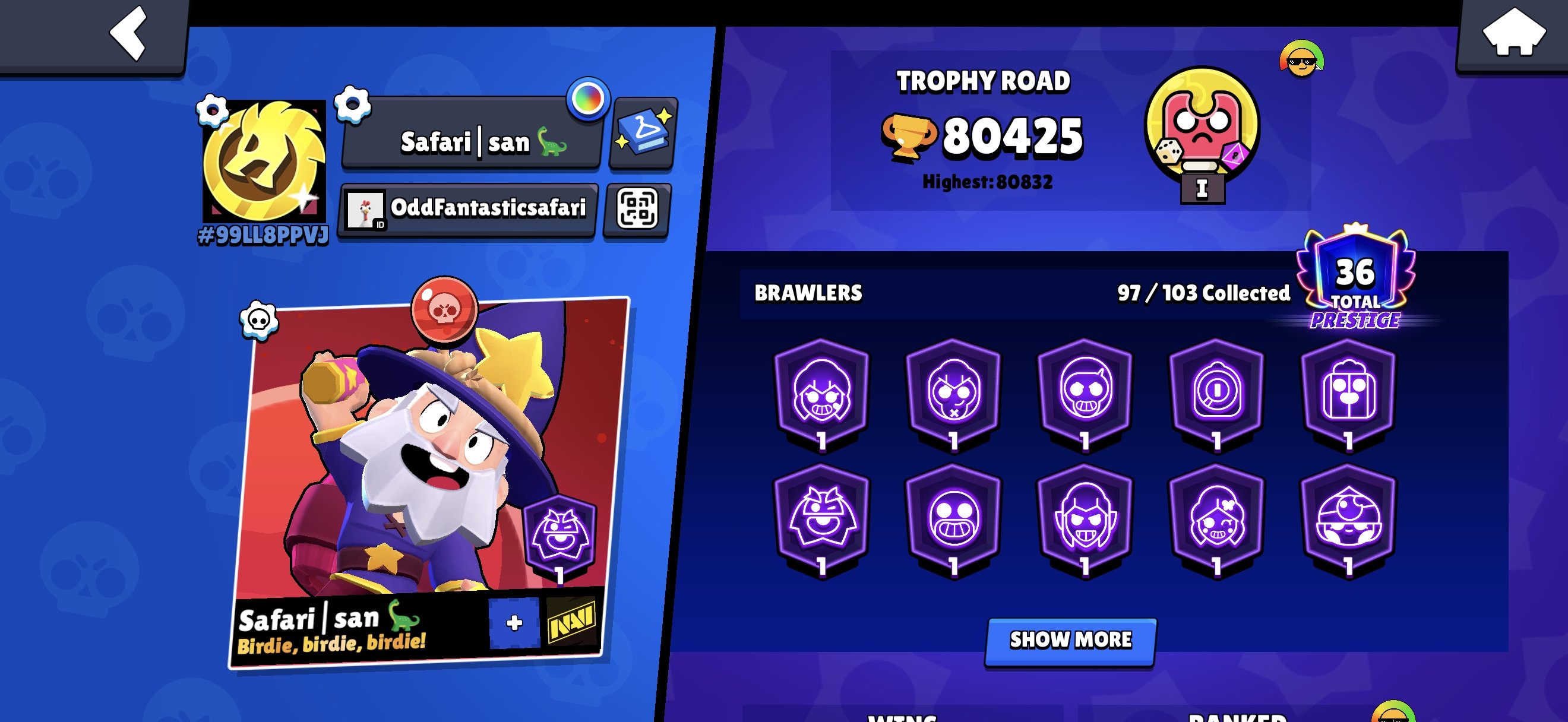 The Fattest Brawl Stars Account, trophies 80425, brawlers 97, primes 36